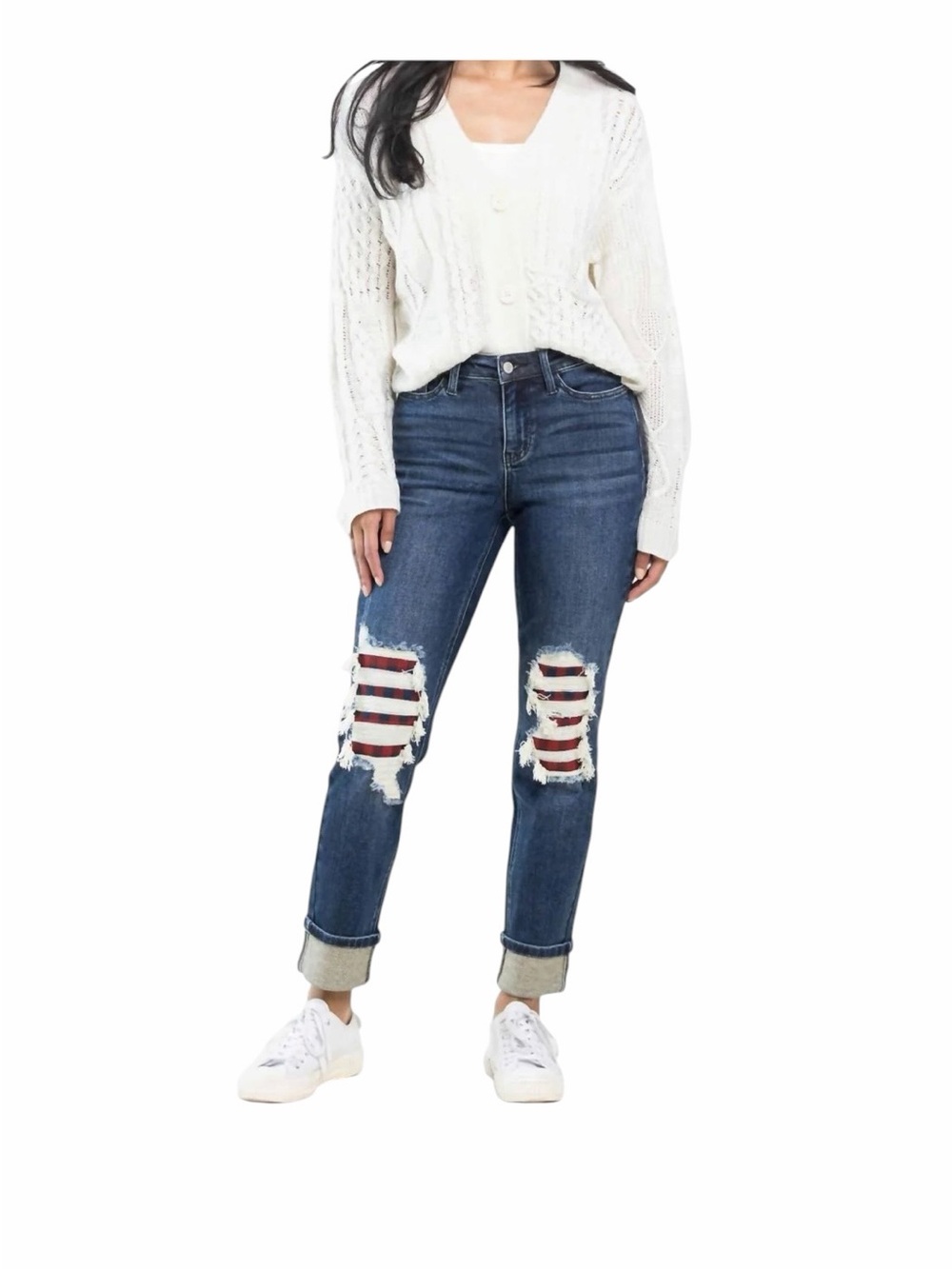 Judy Blue “Charlotte" Midrise Buffalo Plaid Patch Destroyed Boyfriend Jeans